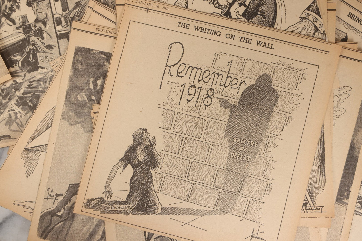Lot 164 - Grouping Of 200+ Vintage World War Two Newspaper Comic Strips, Providence, Rhode Island, 1942–1944, Featuring Axis Powers, Hitler, Domestic Politics, And Wartime Culture, By Henderson, Halladay, And Others