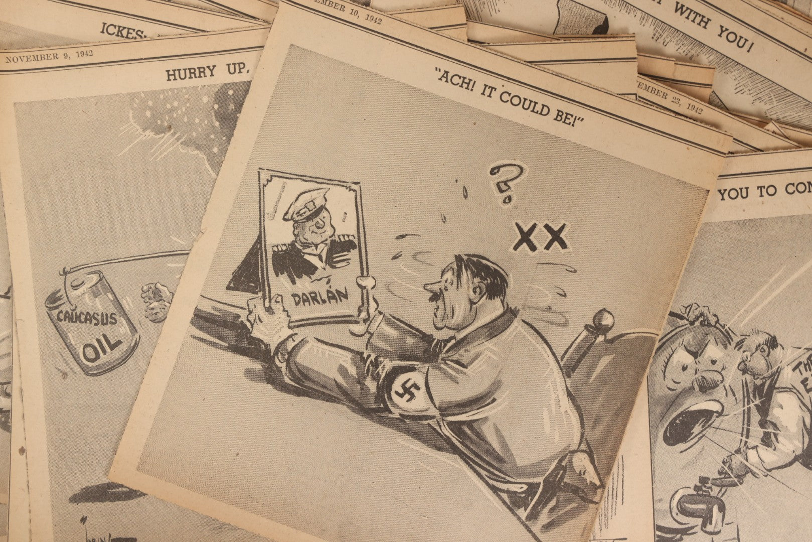 Lot 164 - Grouping Of 200+ Vintage World War Two Newspaper Comic Strips, Providence, Rhode Island, 1942–1944, Featuring Axis Powers, Hitler, Domestic Politics, And Wartime Culture, By Henderson, Halladay, And Others