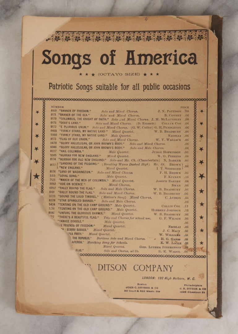 Lot 165 - "War Songs" Antique Civil War Grand Army Of The Republic G.A.R. Songbook For Anniversaries And Gatherings Of Soldiers, With Choruses Arranged For Male Voices, Published By Oliver Ditson Company, Boston, 1890