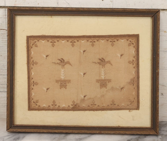 Lot 178 - Antique Native Style Tobacco Felt With Bird Motif In Frame, 10-7/8" x 8-7/8"