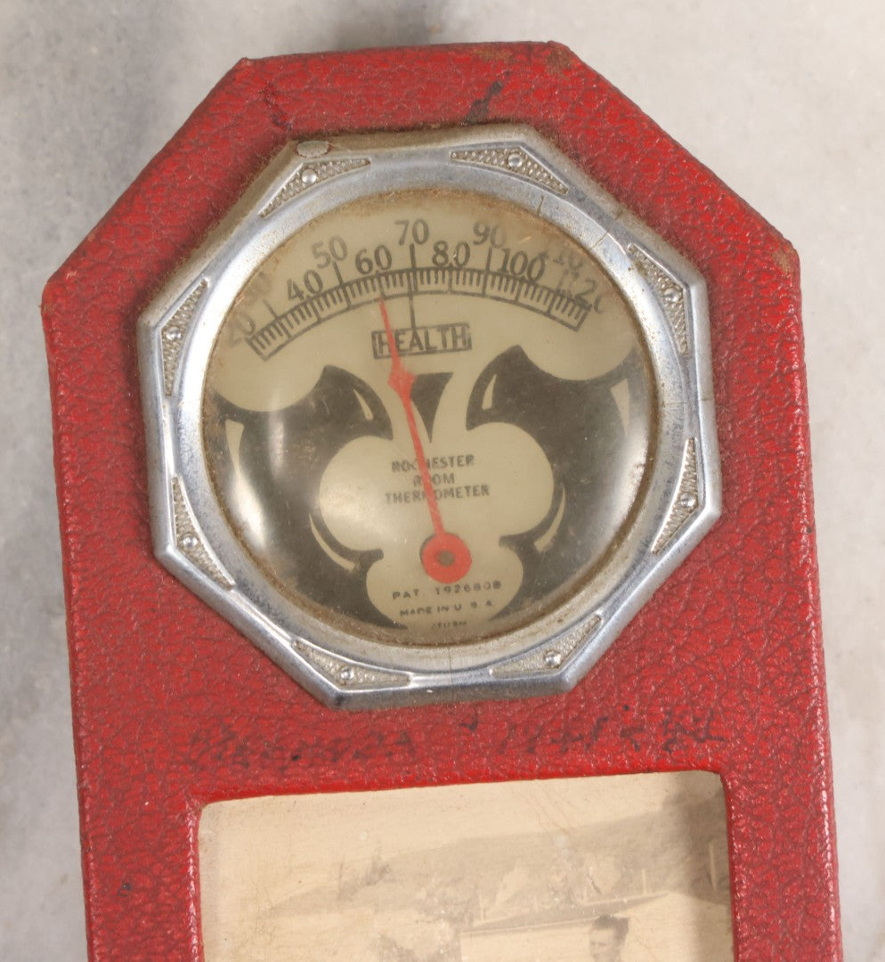 Lot 187 - Vintage Rochester Room Thermometer With Red Leatherette Frame And Photograph