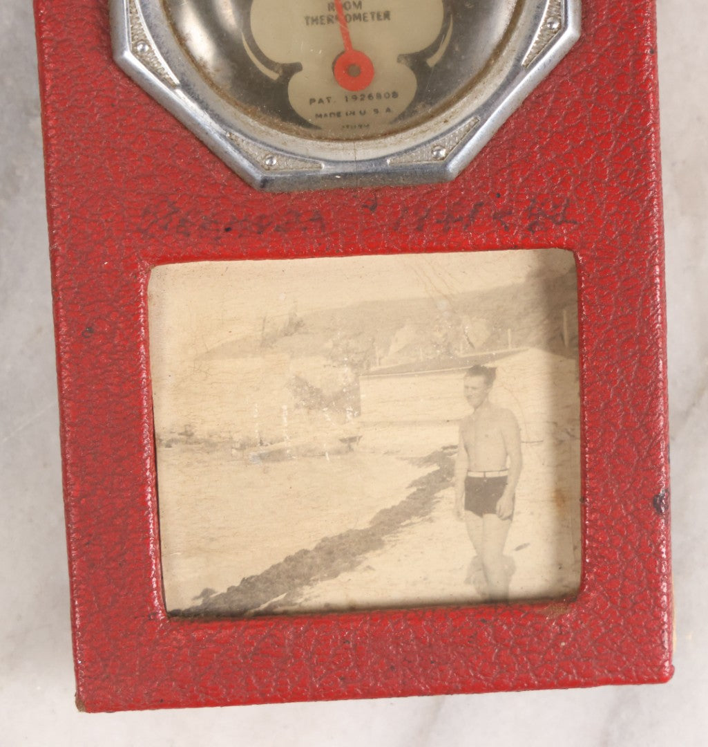 Lot 187 - Vintage Rochester Room Thermometer With Red Leatherette Frame And Photograph