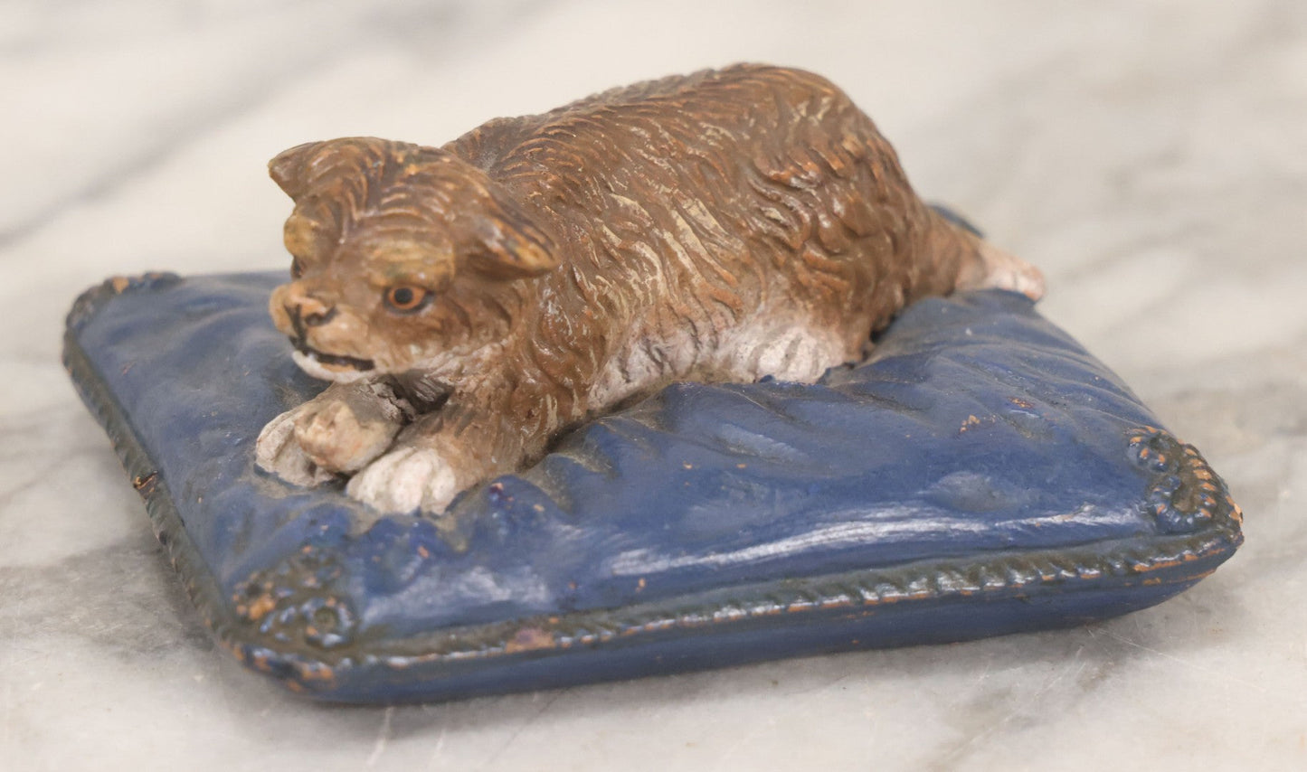 Lot 192 - Pair Of Vintage Dog Figurines, Including Painted Clay Dog On Pillow Box Top And Composition Dog Toy