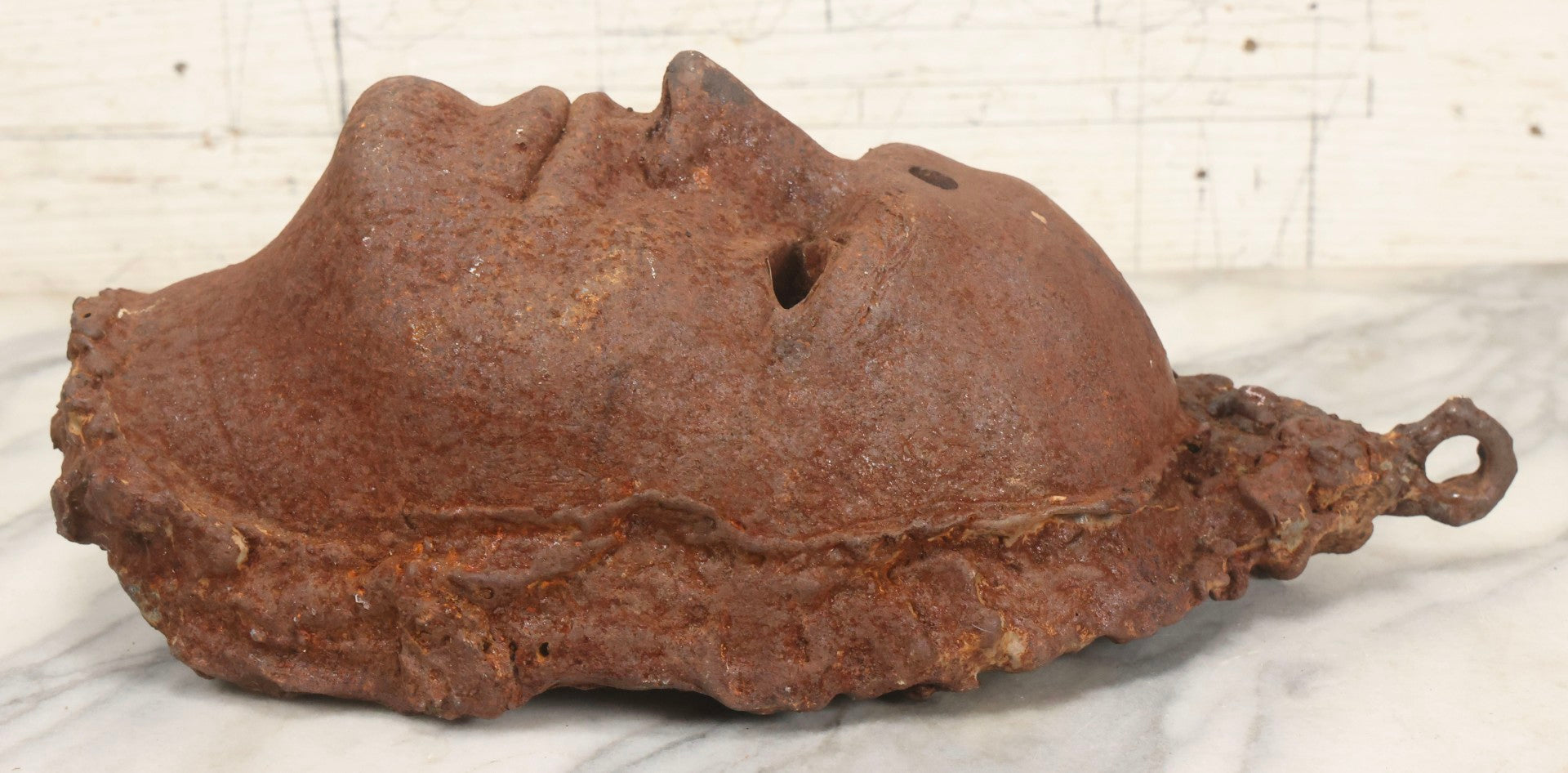 Lot 019 - Antique Cast Iron Face Mask Or Architectural Element With Hook, 15" H