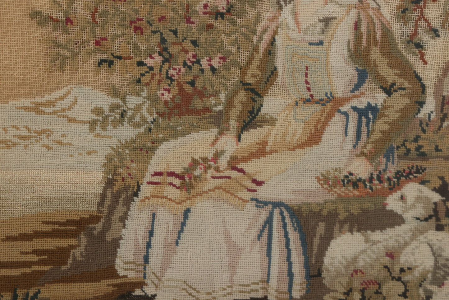 Lot 021 - Antique Framed Needlepoint Tapestry Depicting A Seated Woman With Lambs, Circa Mid 19th Century, In Gilt Wood Frame, Far Gallery, New York, 11-3/4" x 13-1/2"