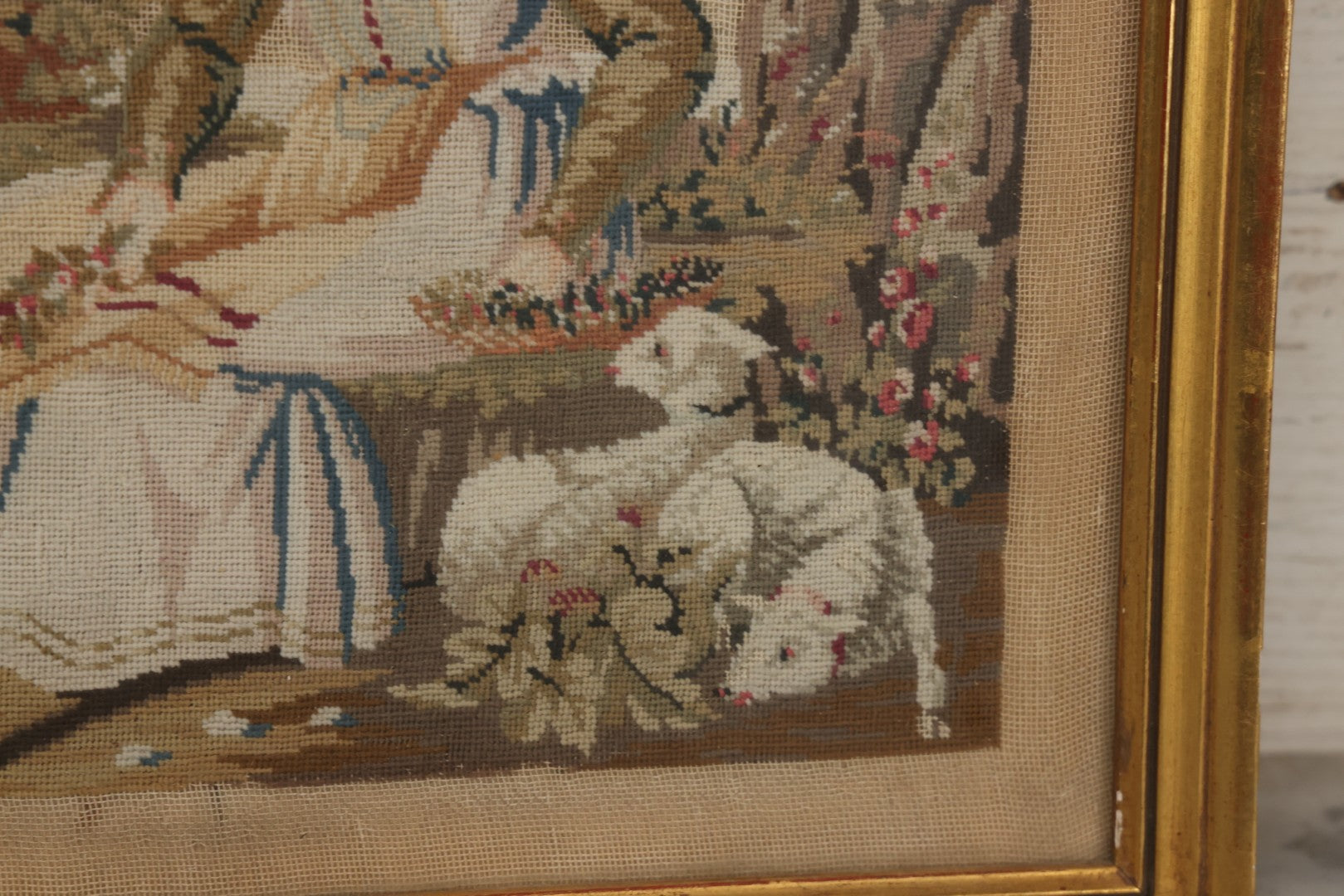 Lot 021 - Antique Framed Needlepoint Tapestry Depicting A Seated Woman With Lambs, Circa Mid 19th Century, In Gilt Wood Frame, Far Gallery, New York, 11-3/4" x 13-1/2"