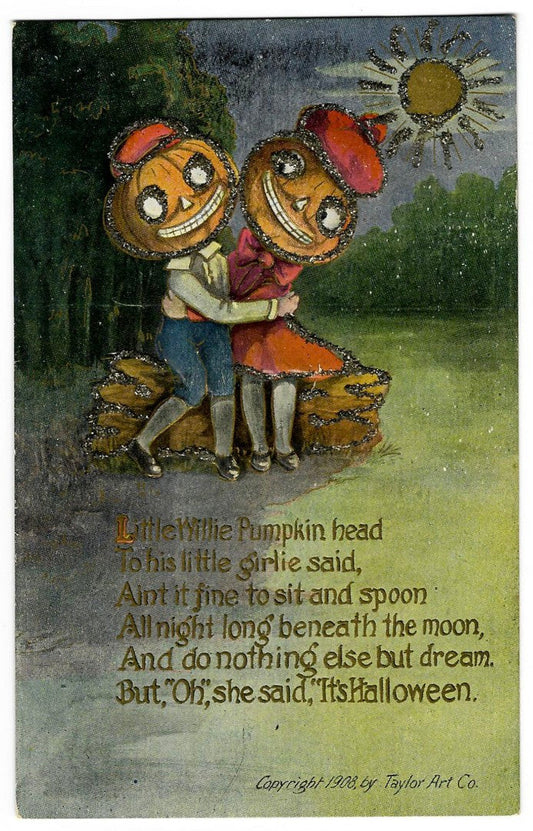 Lot 023 - Antique Embossed Glitter Hallowe'en Postcard Depicting Jack-O-Lantern Couple Seated On Log Beneath Moon, “Little Willie Pumpkin Head,” Taylor Art Co., Copyright 1908, Written On Verso