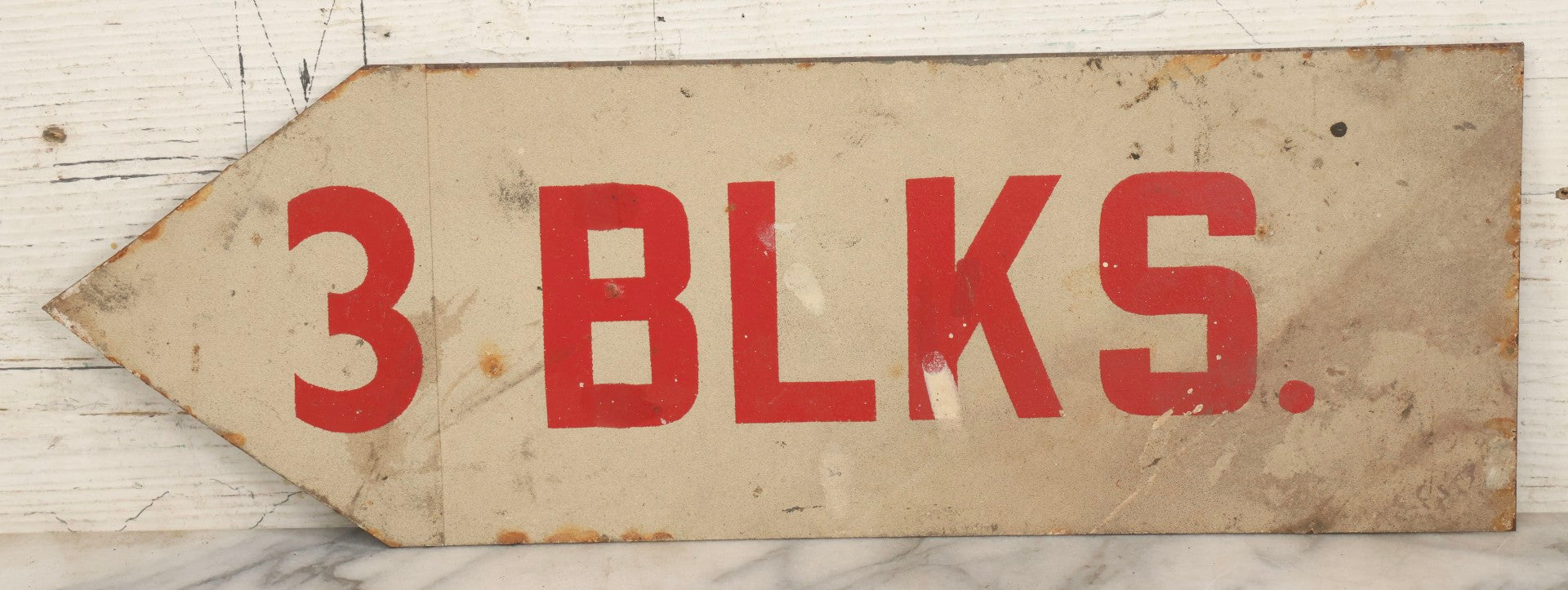 Lot 042 - Vintage Stenciled Metal Directional Road Sign “3 Blocks" Red On White Paint, Later Repainted “Restroom” On Reverse, 18" x 6-1/8"
