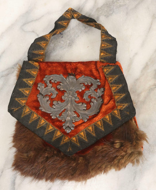 Lot 044 - Antique Victorian Red Velvet And Fur Handbag With Ornate Metal Filigree Appliqué And Brocade Interior