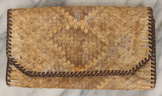 Lot 045 - Vintage Snakeskin Clutch Purse With Leather Whipstitch Trim And Handle