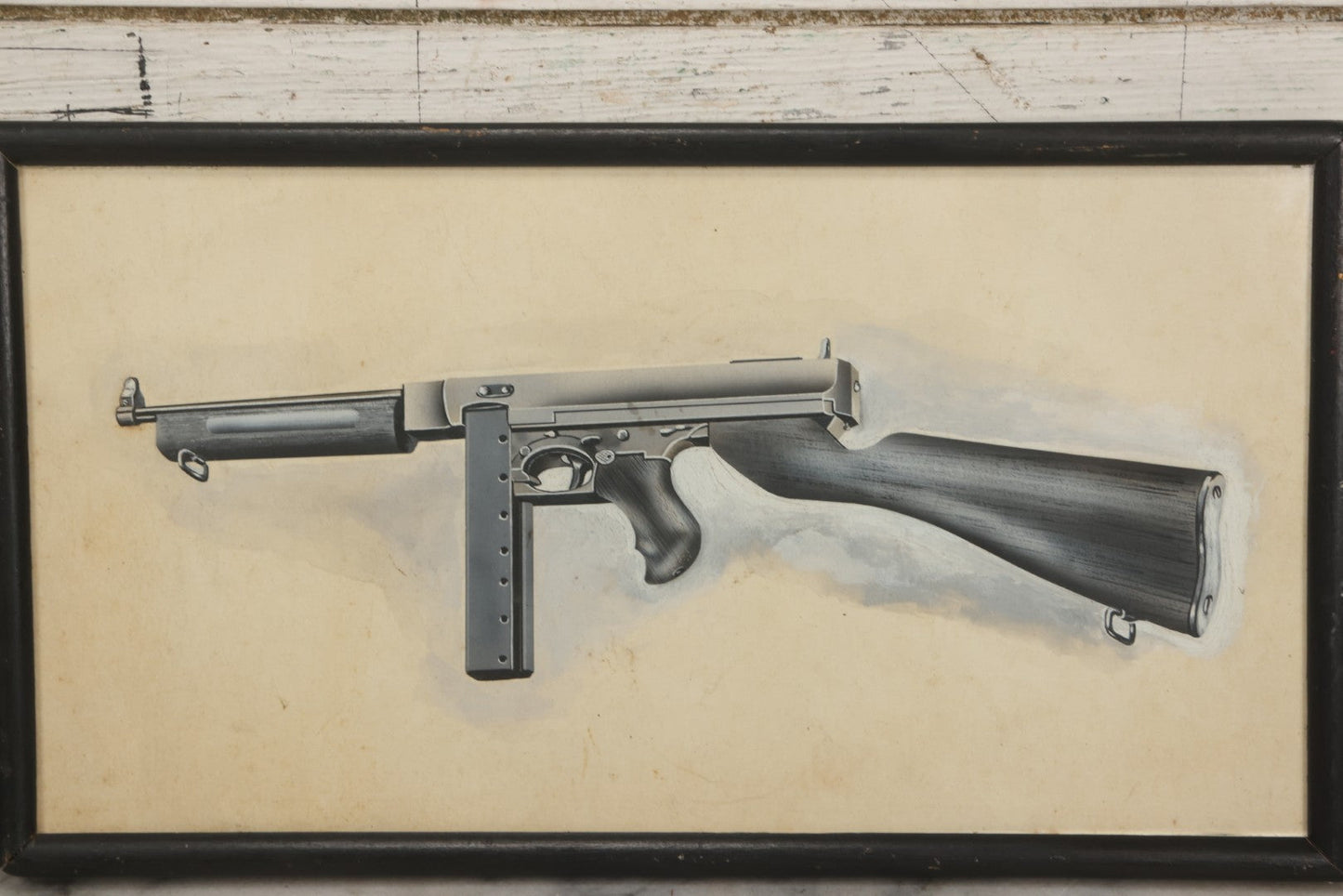 Lot 050 - Vintage Hand-Painted Technical Illustration Of A Thompson-Style Submachine Gun, Gouache And Graphite On Paper, Mid-20th Century, Custom Framed, 13-7/8" x 7-3/4"