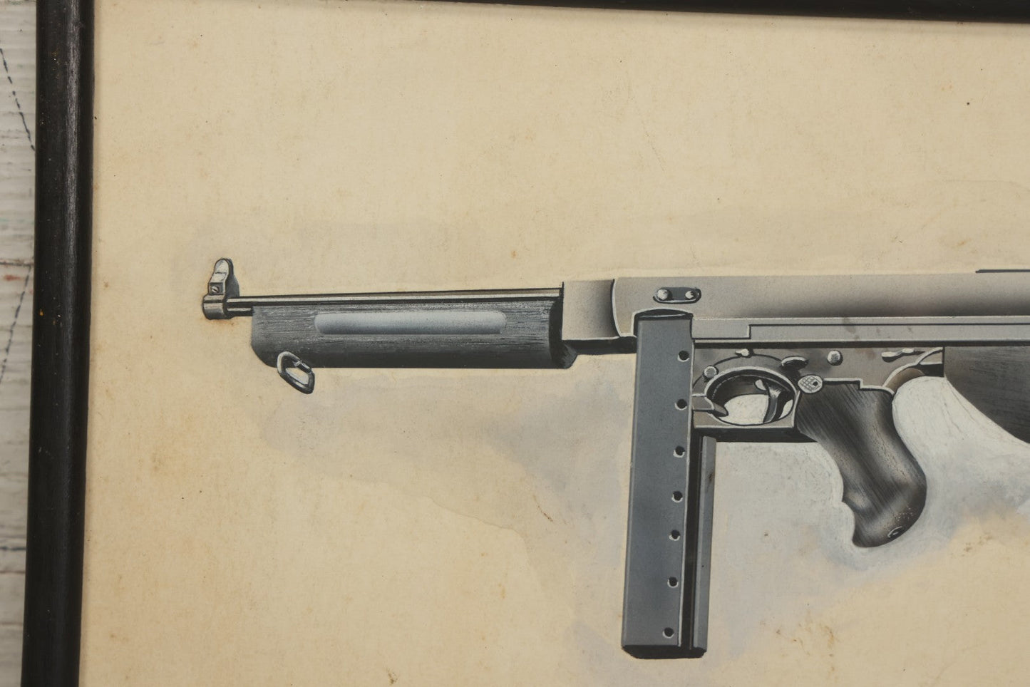 Lot 050 - Vintage Hand-Painted Technical Illustration Of A Thompson-Style Submachine Gun, Gouache And Graphite On Paper, Mid-20th Century, Custom Framed, 13-7/8" x 7-3/4"