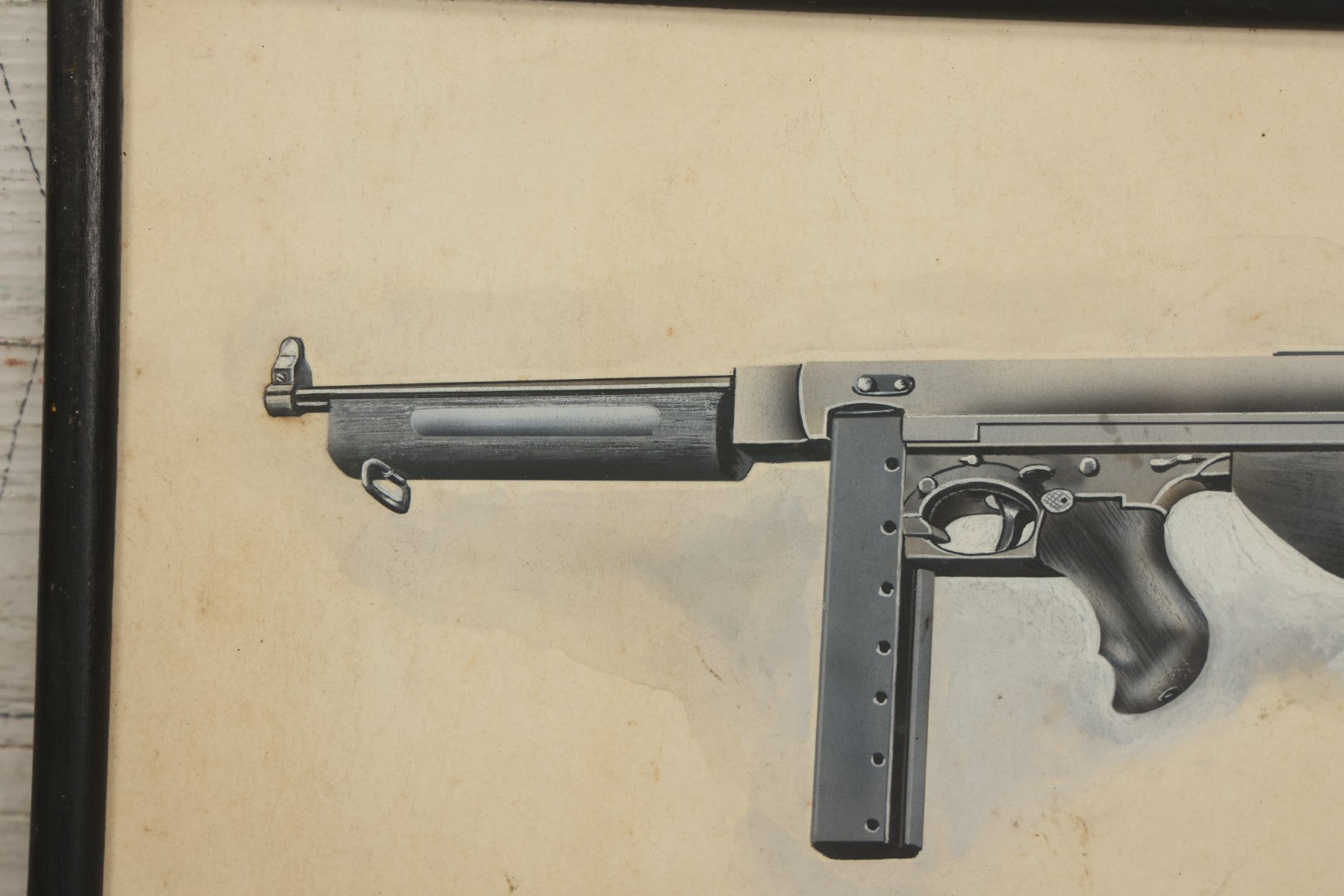 Lot 050 - Vintage Hand-Painted Technical Illustration Of A Thompson-Style Submachine Gun, Gouache And Graphite On Paper, Mid-20th Century, Custom Framed, 13-7/8" x 7-3/4"