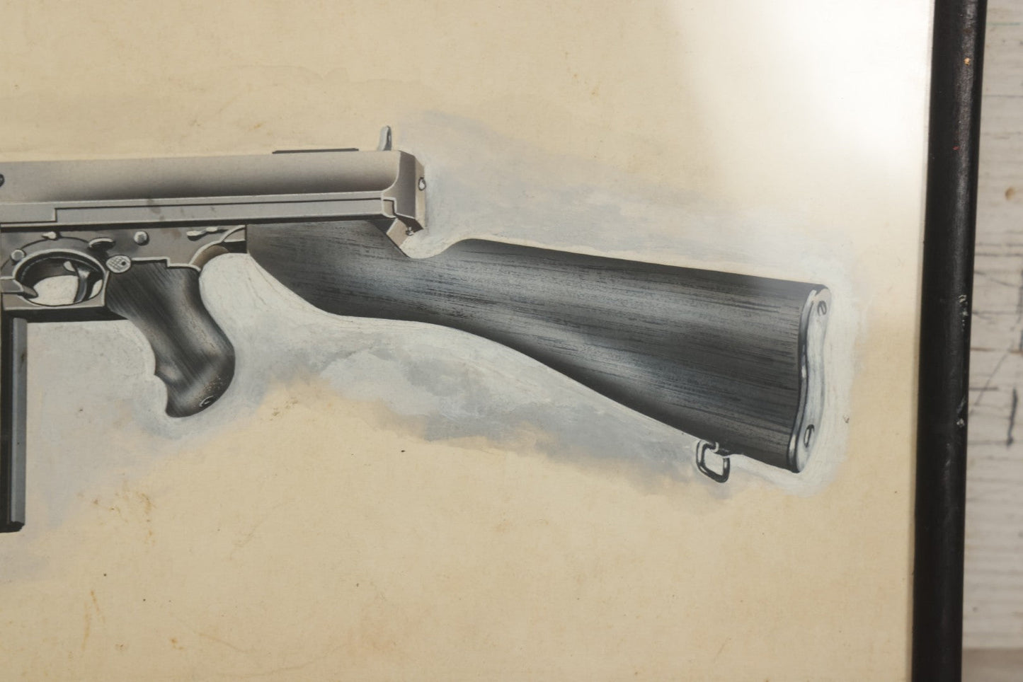 Lot 050 - Vintage Hand-Painted Technical Illustration Of A Thompson-Style Submachine Gun, Gouache And Graphite On Paper, Mid-20th Century, Custom Framed, 13-7/8" x 7-3/4"