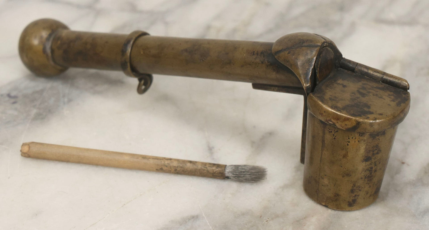 Lot 051 - Antique Copper Japanese Yatate Brush Inkwell With Sliding Loop And Hinged Lid, 7" L