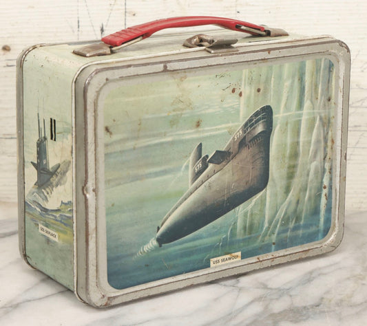 Lot 055 - Vintage Thermos Brand Metal Lunch Box With Submarine Theme Featuring U.S.S. George Washington, U.S.S. Skipjack, U.S.S. Seawolf, And U.S.S. Nautilus, Copyright 1960, Norwich, Connecticut