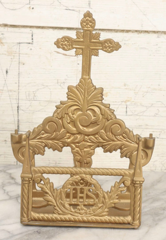 Lot 058 - Vintage Gold-Painted Cast Aluminum Funeral Home Prayer Card Holder With Cross, Filigree Decoration, And I.H.S. Wreath
