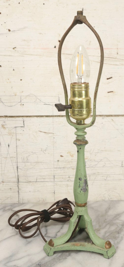 Lot 060 - Vintage Cast Aluminum Table Lamp With Original Pale Green Paint And Gold Accents, Working Condition, Includes Short Harp And Led Bulb, 16" H