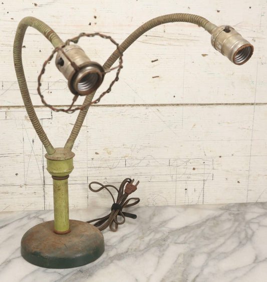 Lot 061 - Vintage Double Gooseneck Work Lamp In Original Lime Green Paint With Cast Iron Weighted Base, Working Condition, 16" H