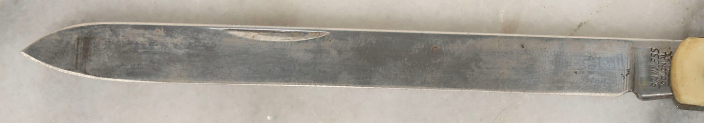 Lot 068 - Vintage Long And Narrow Pocket Knife With Bone Handle And 4.5" Blade, Colonial, Providence, Rhode Island, 5-7/8" L