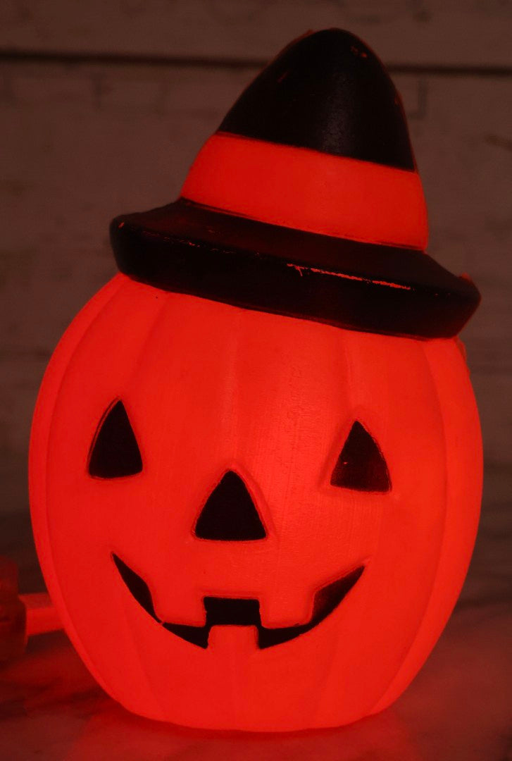 Lot 084 - Vintage Light-Up Jack-O-Lantern JOL. Blow Mold Pumpkin With Witch Hat By Carolina Enterprises, Copyright 1981