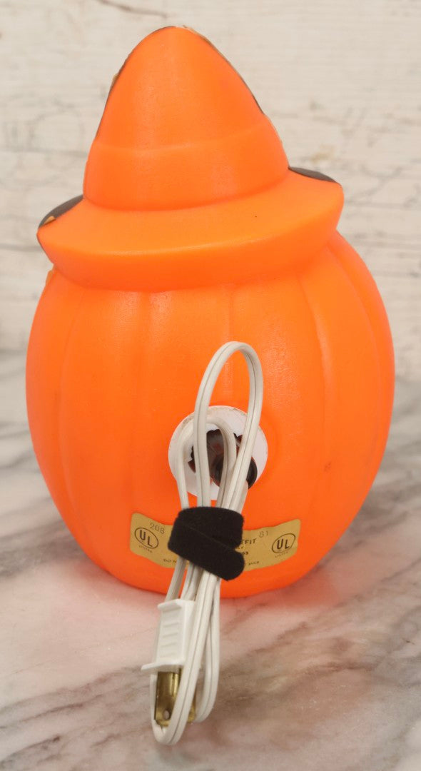 Lot 084 - Vintage Light-Up Jack-O-Lantern JOL. Blow Mold Pumpkin With Witch Hat By Carolina Enterprises, Copyright 1981