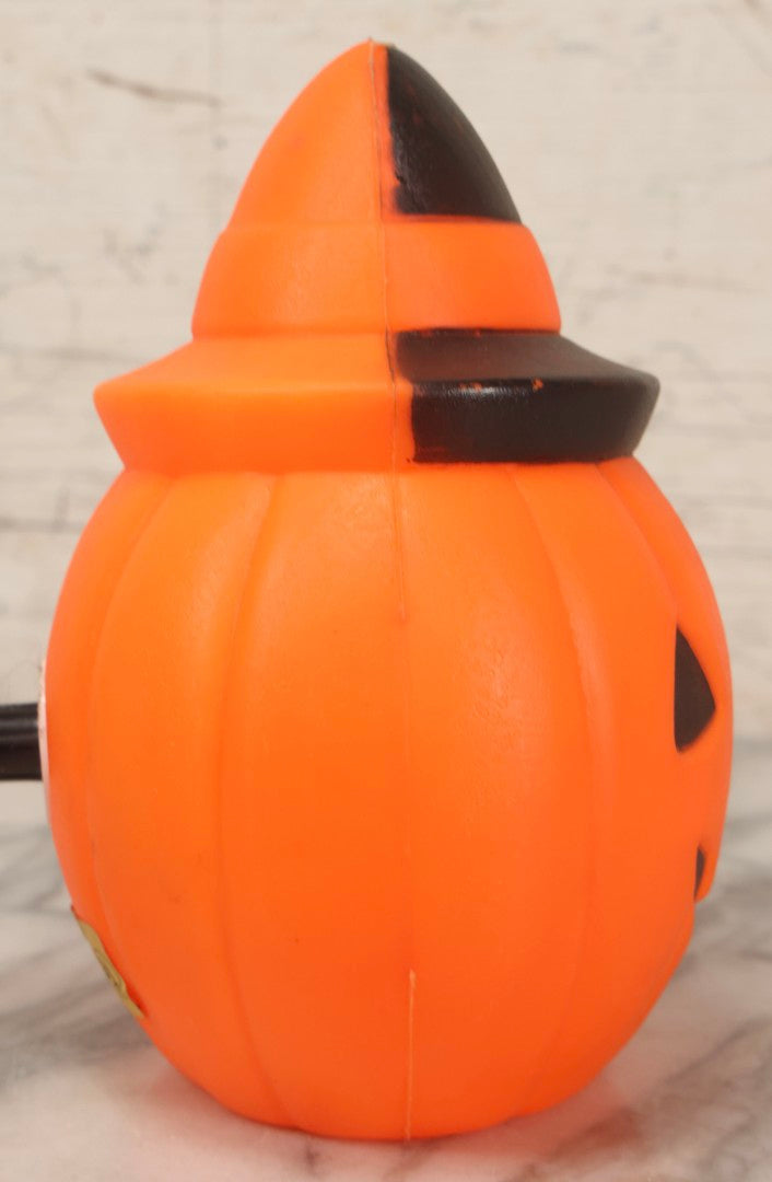 Lot 084 - Vintage Light-Up Jack-O-Lantern JOL. Blow Mold Pumpkin With Witch Hat By Carolina Enterprises, Copyright 1981