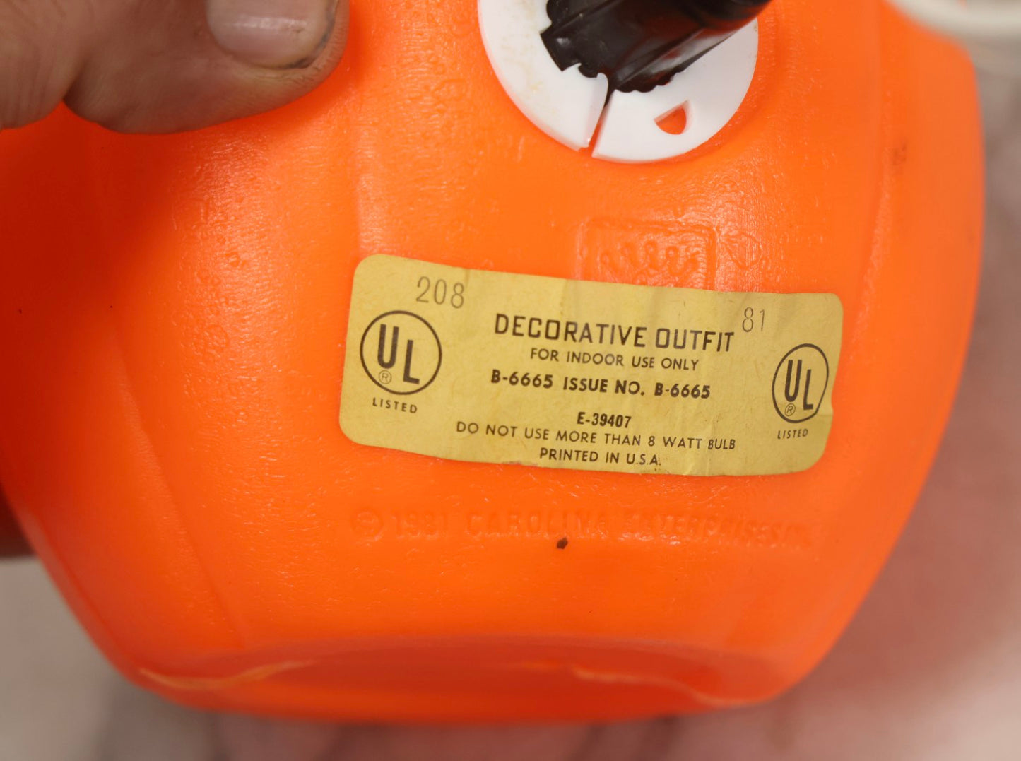 Lot 084 - Vintage Light-Up Jack-O-Lantern JOL. Blow Mold Pumpkin With Witch Hat By Carolina Enterprises, Copyright 1981