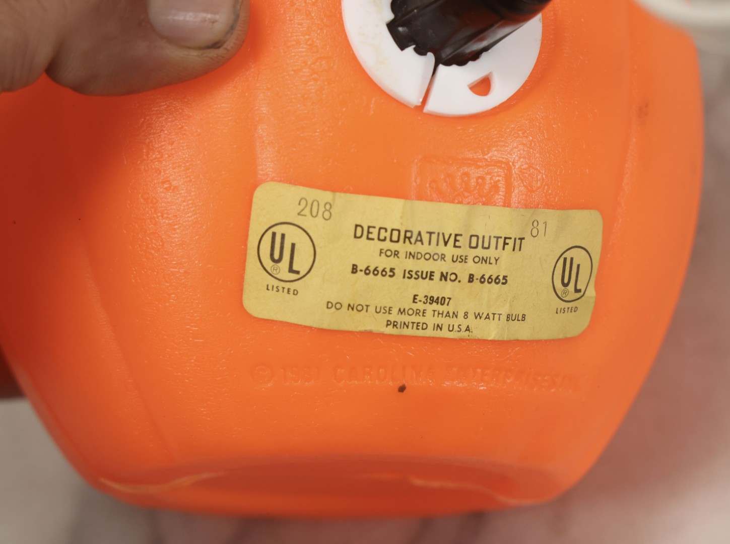 Lot 084 - Vintage Light-Up Jack-O-Lantern JOL. Blow Mold Pumpkin With Witch Hat By Carolina Enterprises, Copyright 1981