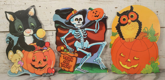 Lot 089 - Grouping Of Three Vintage Hallowe'en Die-Cut Decorations By Eureka USA. Featuring Skeleton, Black Cat, And Owl On Jack-O-Lantern, Circa 1980s