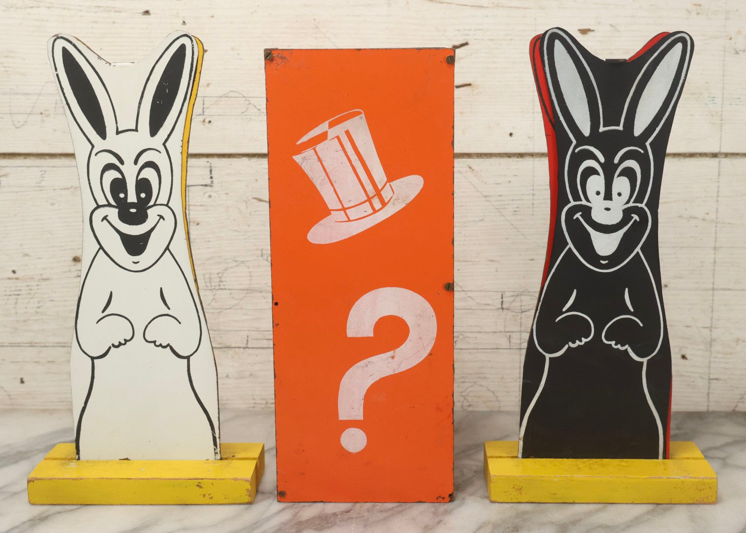 Lot 092 - Vintage “Hippity Hop Rabbit” Magic Trick With Two Masonite Rabbits On Yellow Wood Pedestals, One Magic Box Included, As Found