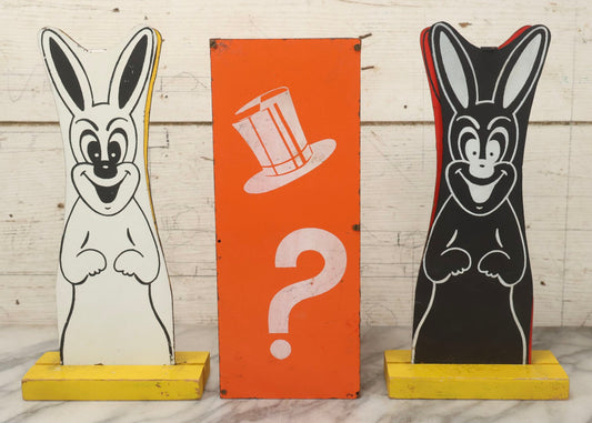 Lot 092 - Vintage “Hippity Hop Rabbit” Magic Trick With Two Masonite Rabbits On Yellow Wood Pedestals, One Magic Box Included, As Found
