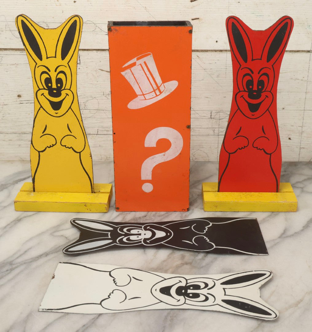Lot 092 - Vintage “Hippity Hop Rabbit” Magic Trick With Two Masonite Rabbits On Yellow Wood Pedestals, One Magic Box Included, As Found