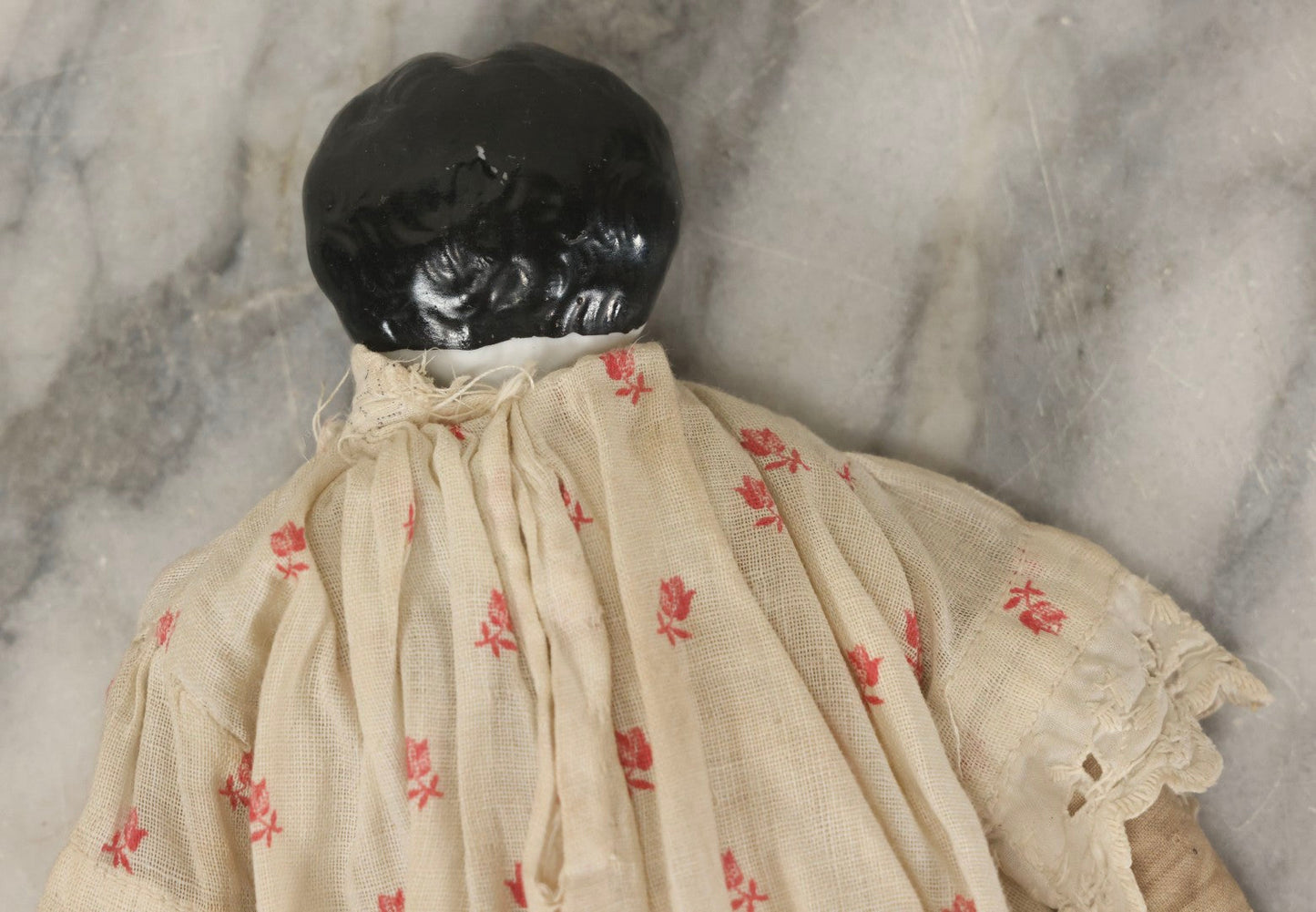 Lot 093 - Antique Doll With Porcelain Head, Hands And Feet And Cloth Body, With White Nightgown With Red Flower Print And Lace Borders, 12-1/4" H
