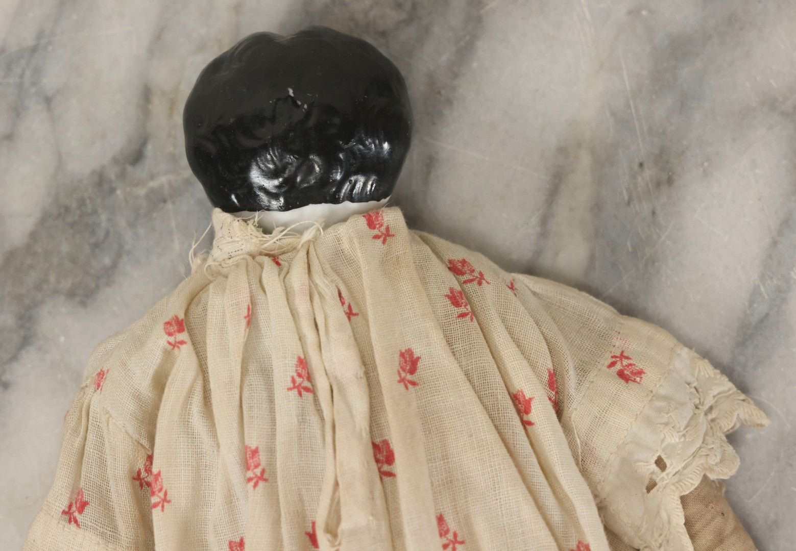 Lot 093 - Antique Doll With Porcelain Head, Hands And Feet And Cloth Body, With White Nightgown With Red Flower Print And Lace Borders, 12-1/4" H
