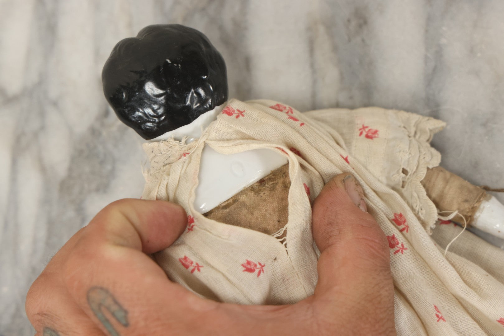Lot 093 - Antique Doll With Porcelain Head, Hands And Feet And Cloth Body, With White Nightgown With Red Flower Print And Lace Borders, 12-1/4" H