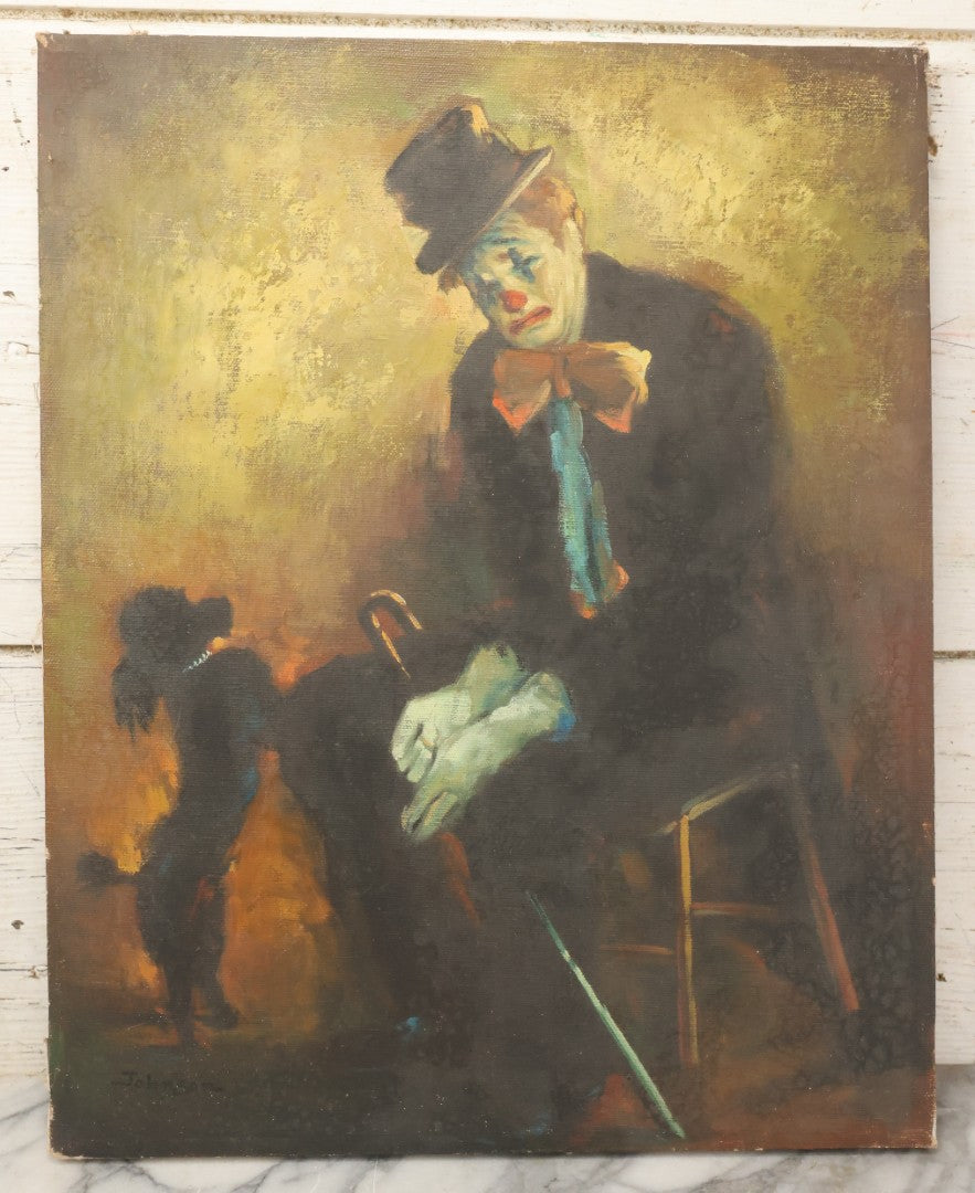 Lot 095 - Vintage Oil On Canvas Painting Of Crying Sad Clown Seated With Cane And Black Poodle Dog Begging At Feet, Signed Johnson, Circa 1985, 16" x 20"