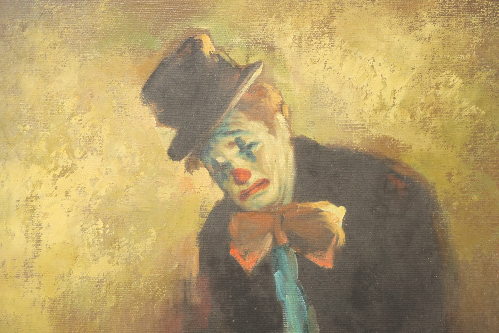 Lot 095 - Vintage Oil On Canvas Painting Of Crying Sad Clown Seated With Cane And Black Poodle Dog Begging At Feet, Signed Johnson, Circa 1985, 16" x 20"