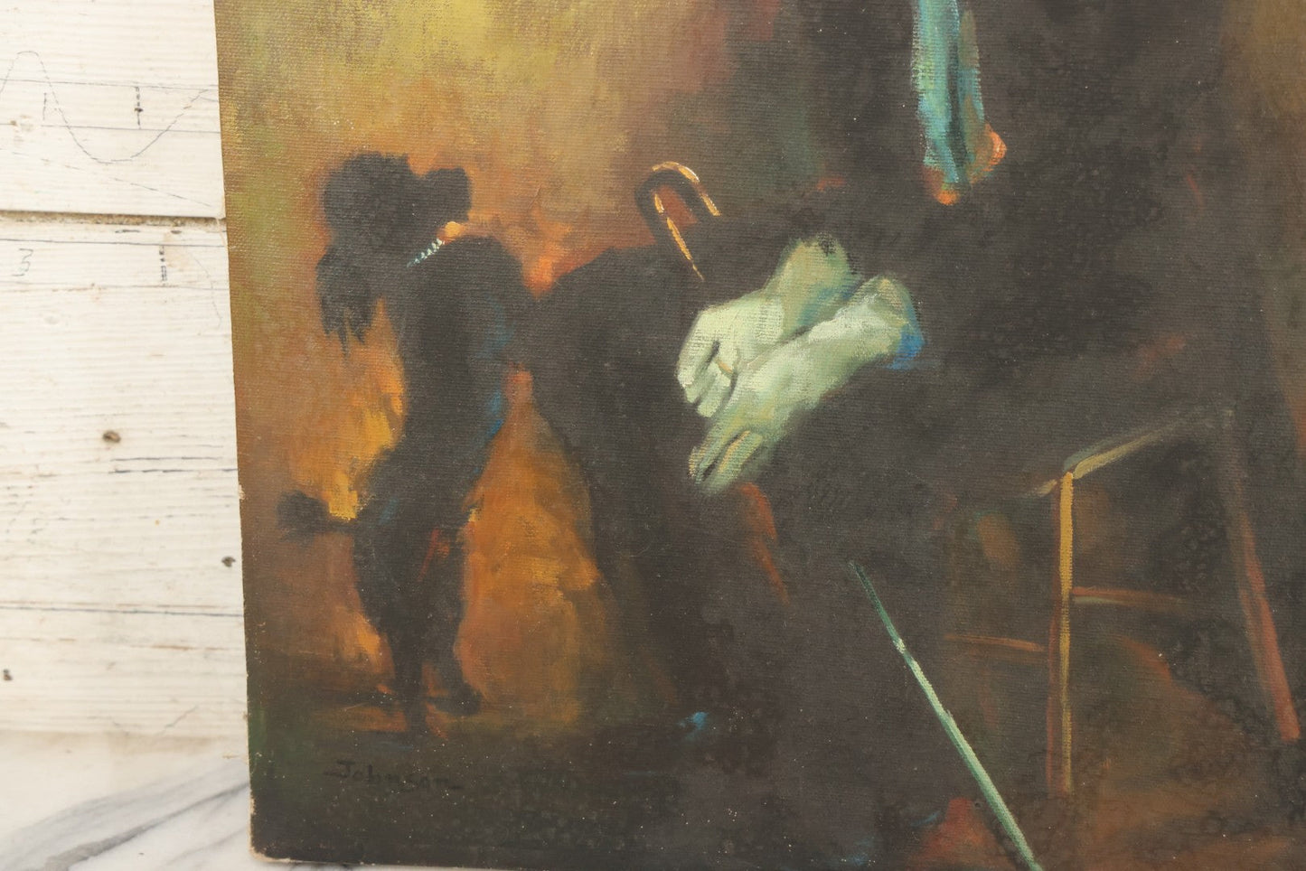 Lot 095 - Vintage Oil On Canvas Painting Of Crying Sad Clown Seated With Cane And Black Poodle Dog Begging At Feet, Signed Johnson, Circa 1985, 16" x 20"