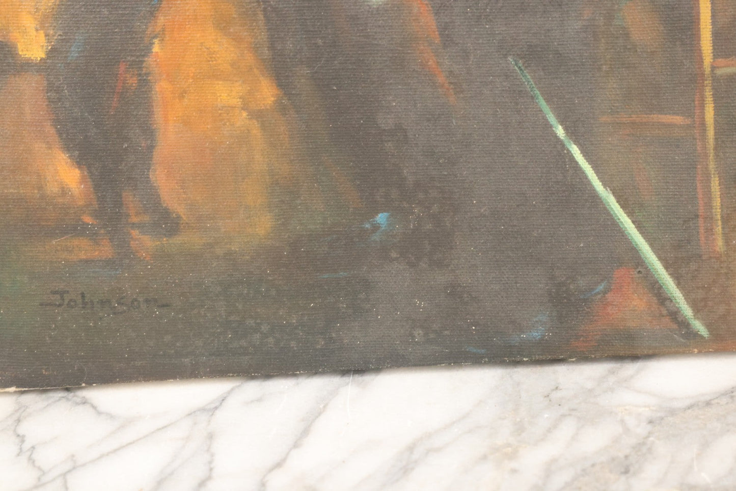 Lot 095 - Vintage Oil On Canvas Painting Of Crying Sad Clown Seated With Cane And Black Poodle Dog Begging At Feet, Signed Johnson, Circa 1985, 16" x 20"