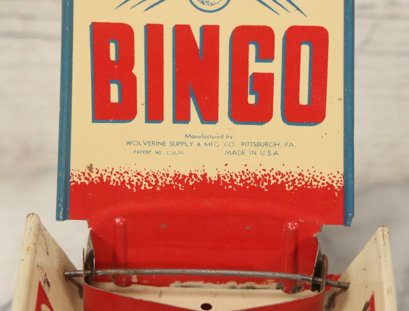 Lot 097 - Vintage Tin Lithograph "Marble Bingo" Toy With Folding Backboard And Spring Launcher, Made By Wolverine Supply Manufacturing Co., Pittsburgh, Pennsylvania, 16-1/2" L