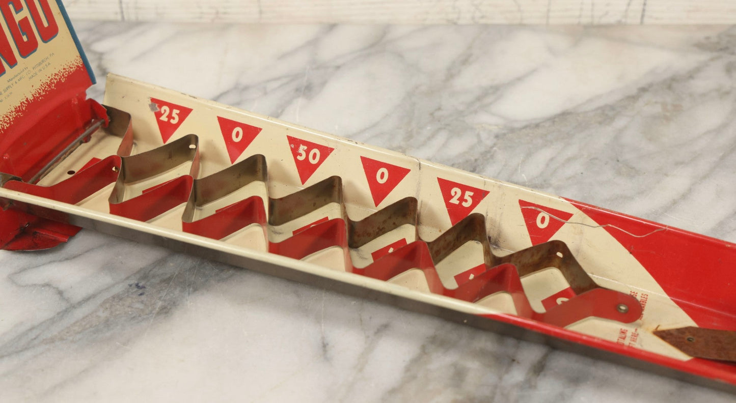 Lot 097 - Vintage Tin Lithograph "Marble Bingo" Toy With Folding Backboard And Spring Launcher, Made By Wolverine Supply Manufacturing Co., Pittsburgh, Pennsylvania, 16-1/2" L