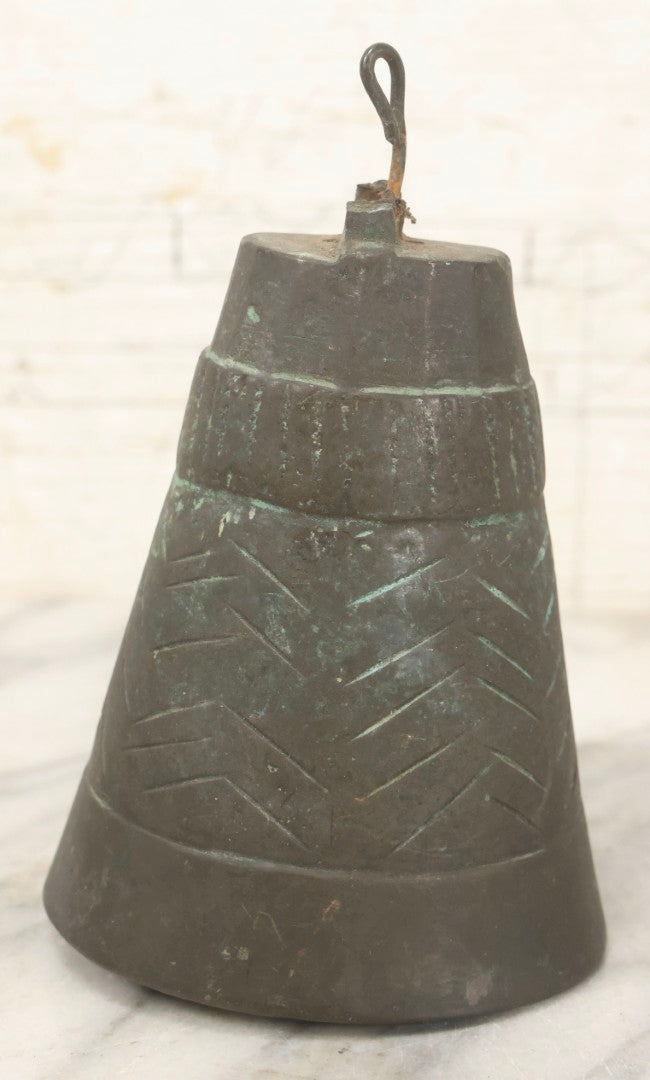 Lot 098 - Vintage Hand-Forged Bronze Nesting Temple Bell With Wire Loop Hanger, Likely Indian Or Nepalese, Circa 1920–1950, 6" H