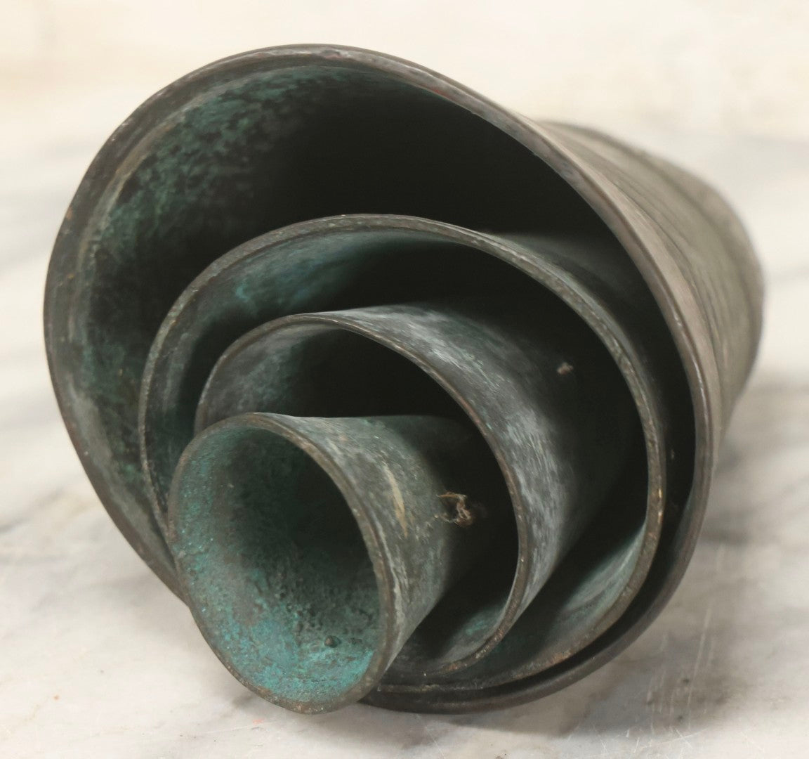 Lot 098 - Vintage Hand-Forged Bronze Nesting Temple Bell With Wire Loop Hanger, Likely Indian Or Nepalese, Circa 1920–1950, 6" H