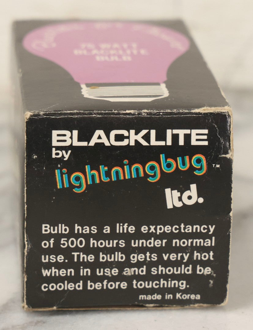 Lot 101 - Vintage 75 Watt Incandescent Blacklight Bulb In Original Box By Lightning Bug Ltd., Hazel Crest, Illinois, Made In Korea, 1975