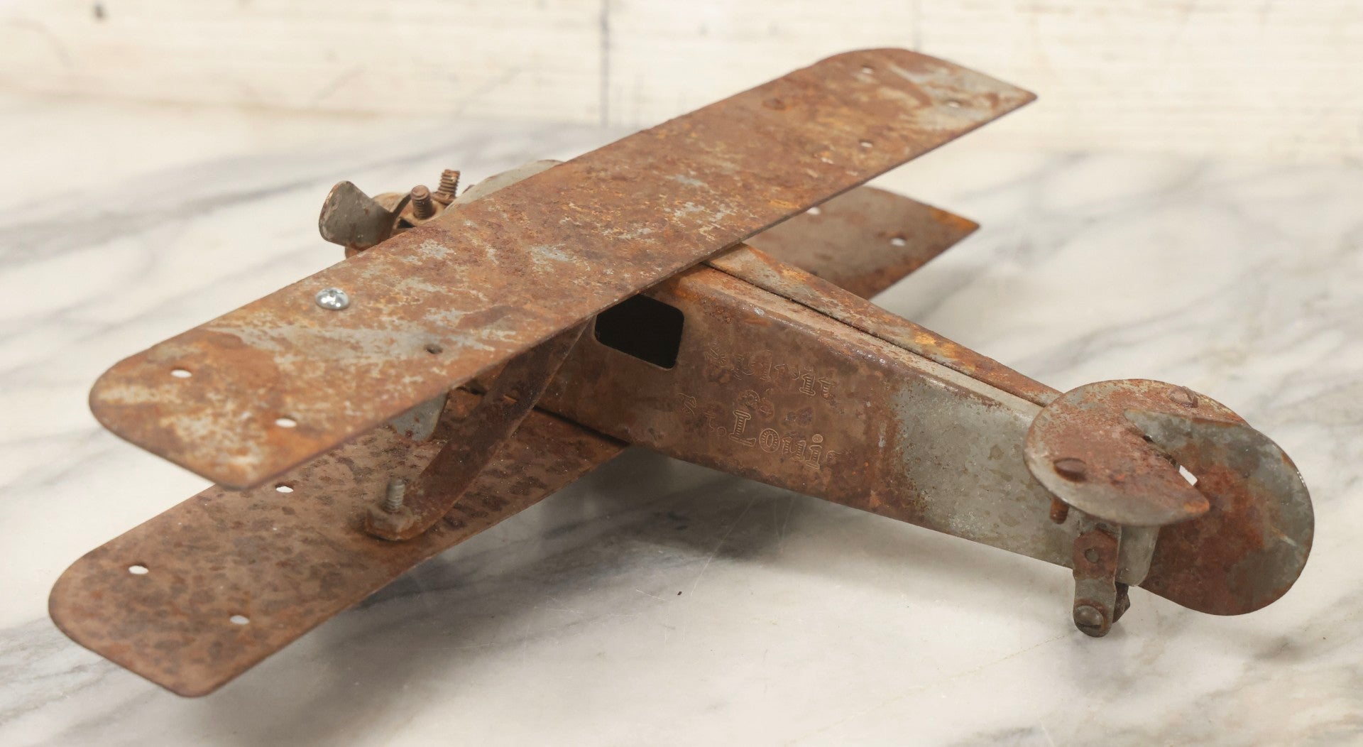 Lot 105 - Vintage Metalcraft No. 950 Tin Model Toy Of The Spirit Of St. Louis Airplane, As Found, Very Rusted, 11-1/2" L
