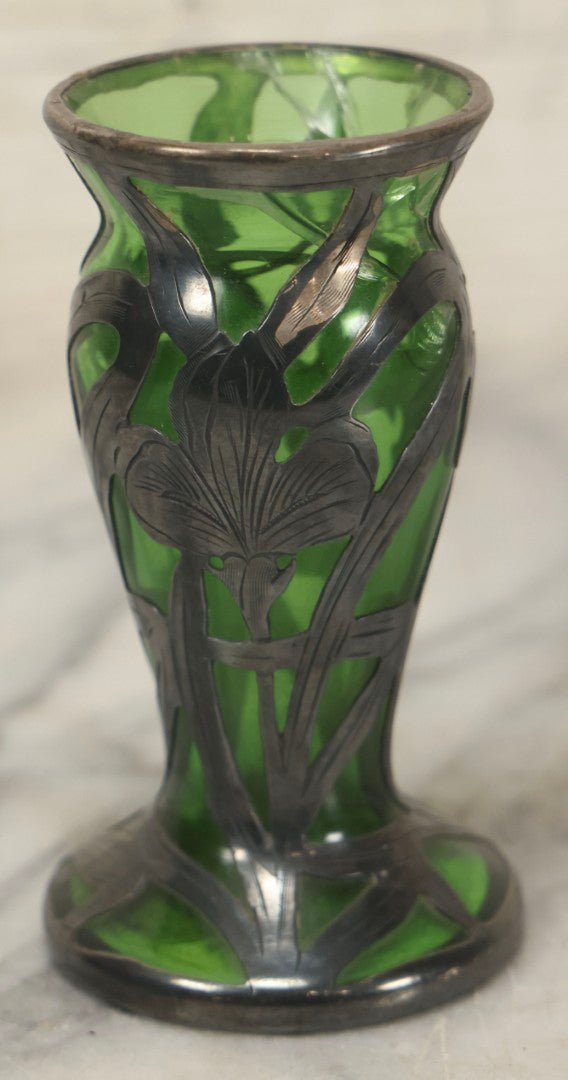 Lot 108 - Antique Green Uranium Glass Beaker-Form Bud Vase With .999 Fine Silver Overlay Floral Lily Design, Marked “Patent G 33.78” And “999 100 Fine” With Illegible Maker's Mark, Note Cracked and Damaged, 4-1/8" H