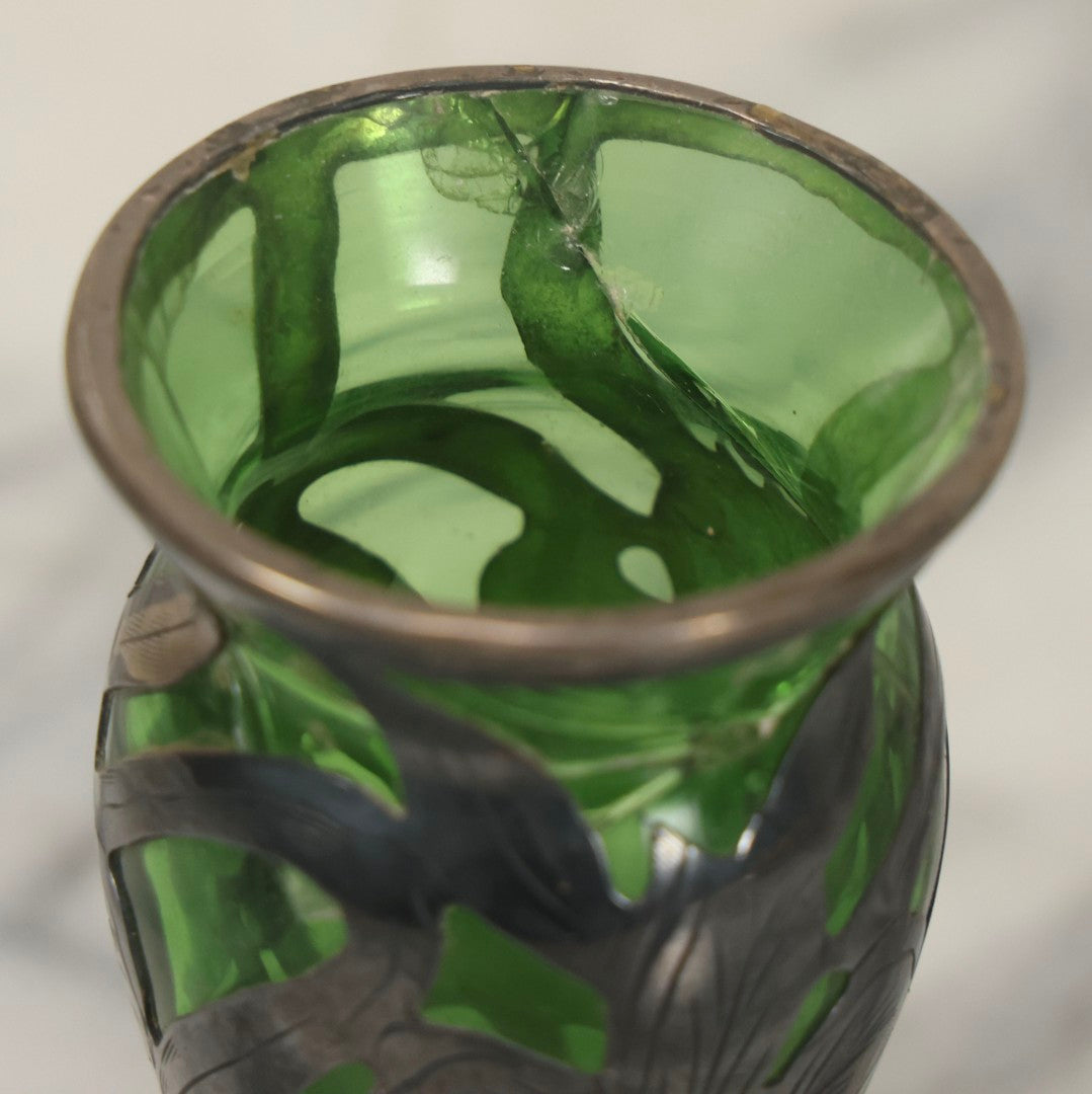 Lot 108 - Antique Green Uranium Glass Beaker-Form Bud Vase With .999 Fine Silver Overlay Floral Lily Design, Marked “Patent G 33.78” And “999 100 Fine” With Illegible Maker's Mark, Note Cracked and Damaged, 4-1/8" H
