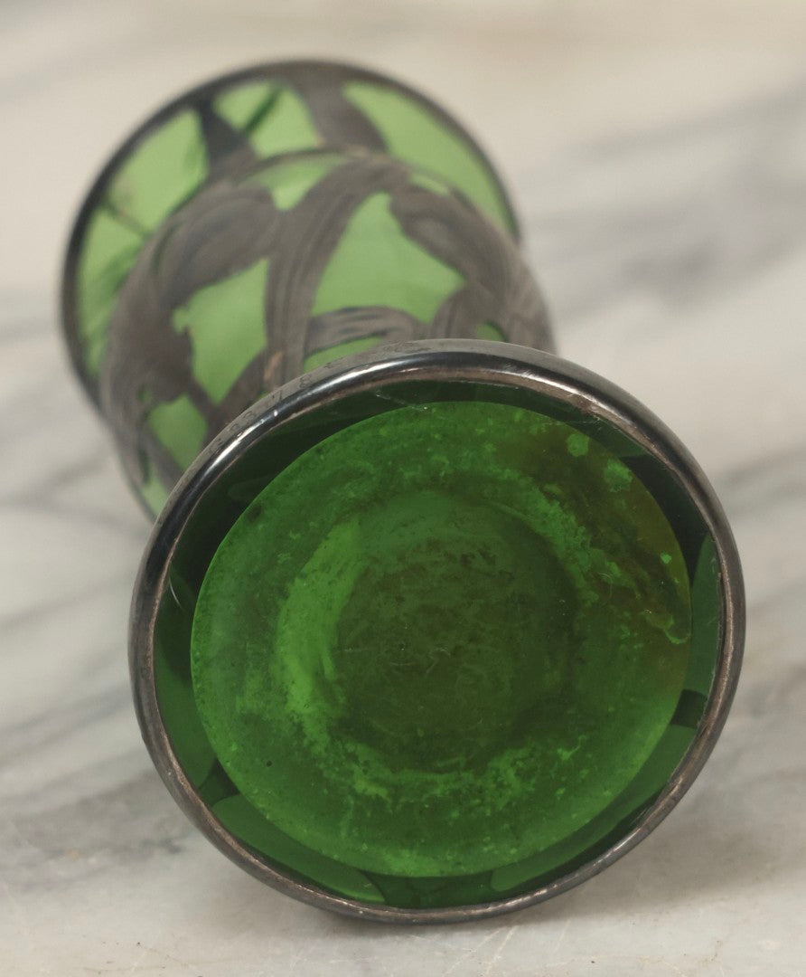 Lot 108 - Antique Green Uranium Glass Beaker-Form Bud Vase With .999 Fine Silver Overlay Floral Lily Design, Marked “Patent G 33.78” And “999 100 Fine” With Illegible Maker's Mark, Note Cracked and Damaged, 4-1/8" H