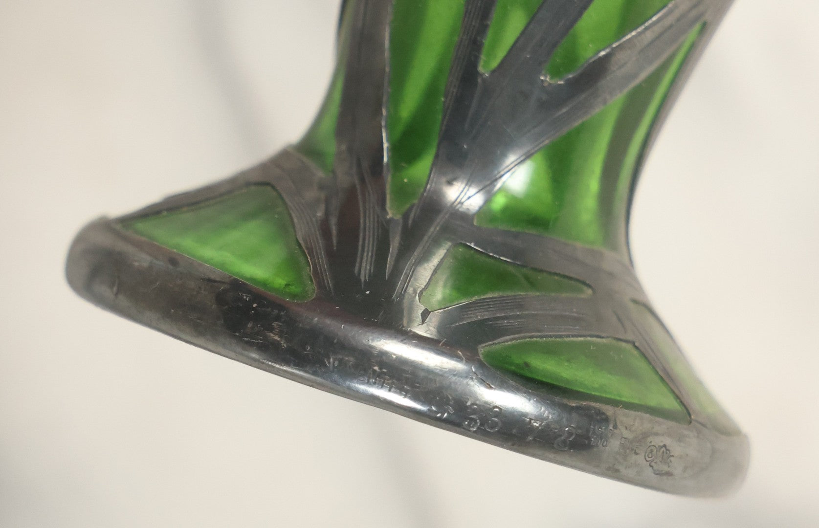 Lot 108 - Antique Green Uranium Glass Beaker-Form Bud Vase With .999 Fine Silver Overlay Floral Lily Design, Marked “Patent G 33.78” And “999 100 Fine” With Illegible Maker's Mark, Note Cracked and Damaged, 4-1/8" H